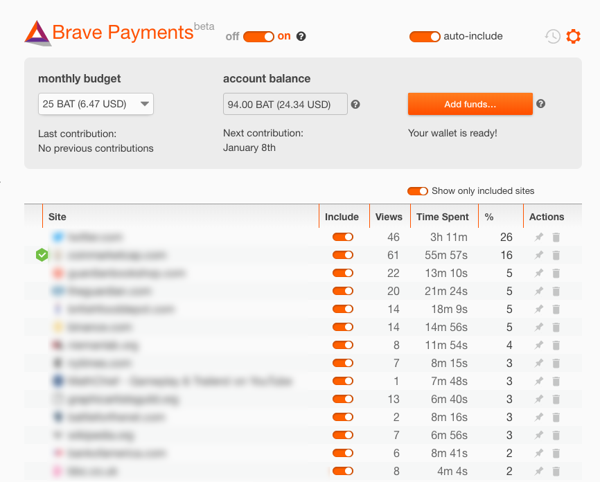 Brave Payments wallet screenshot showing BAT balance and attention breakdown by percentage