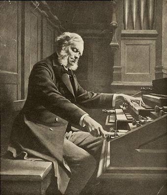 Painting of composer and organist César Franck pulling out an organ stop