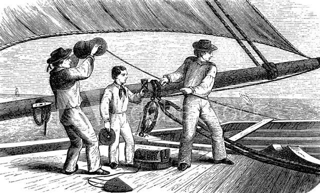 An engraving of three mates measuring a ship’s speed using a chip log