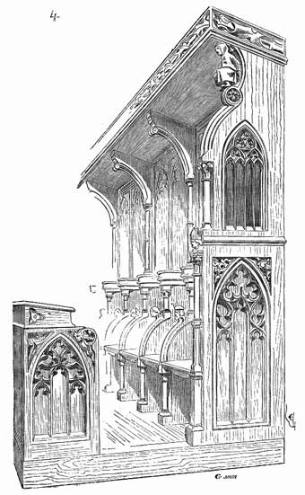 Illustration of wooden choir stalls showing carved consoles in the arm rests
