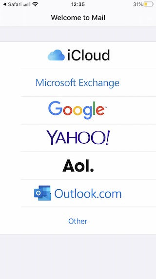 Screenshot of the Apple iOS Mail app setup screen