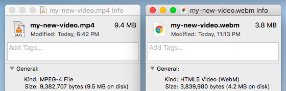 Screenshot from OSX showing the relative file sizes of two files encoded with ffmpeg